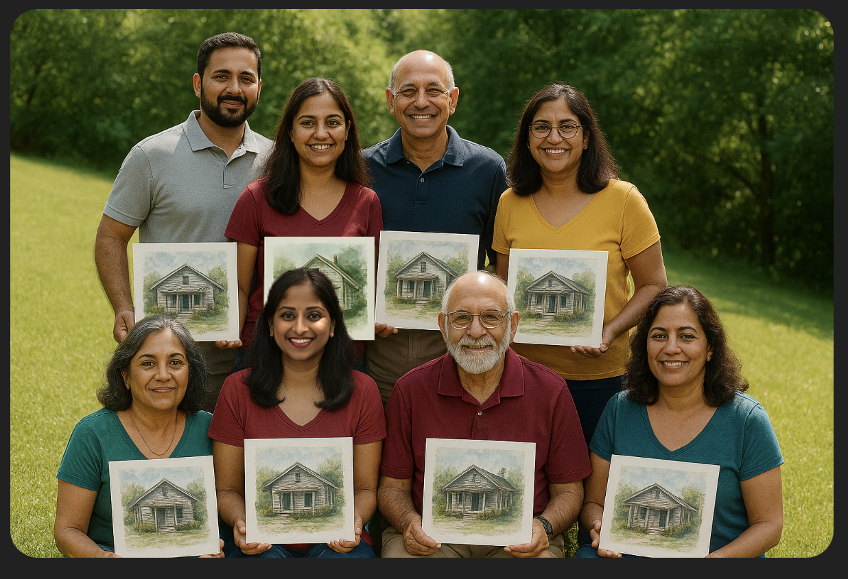 Anita Patel and her family of eight pictured with their watercolor house portrait in Baton Rouge, LA.